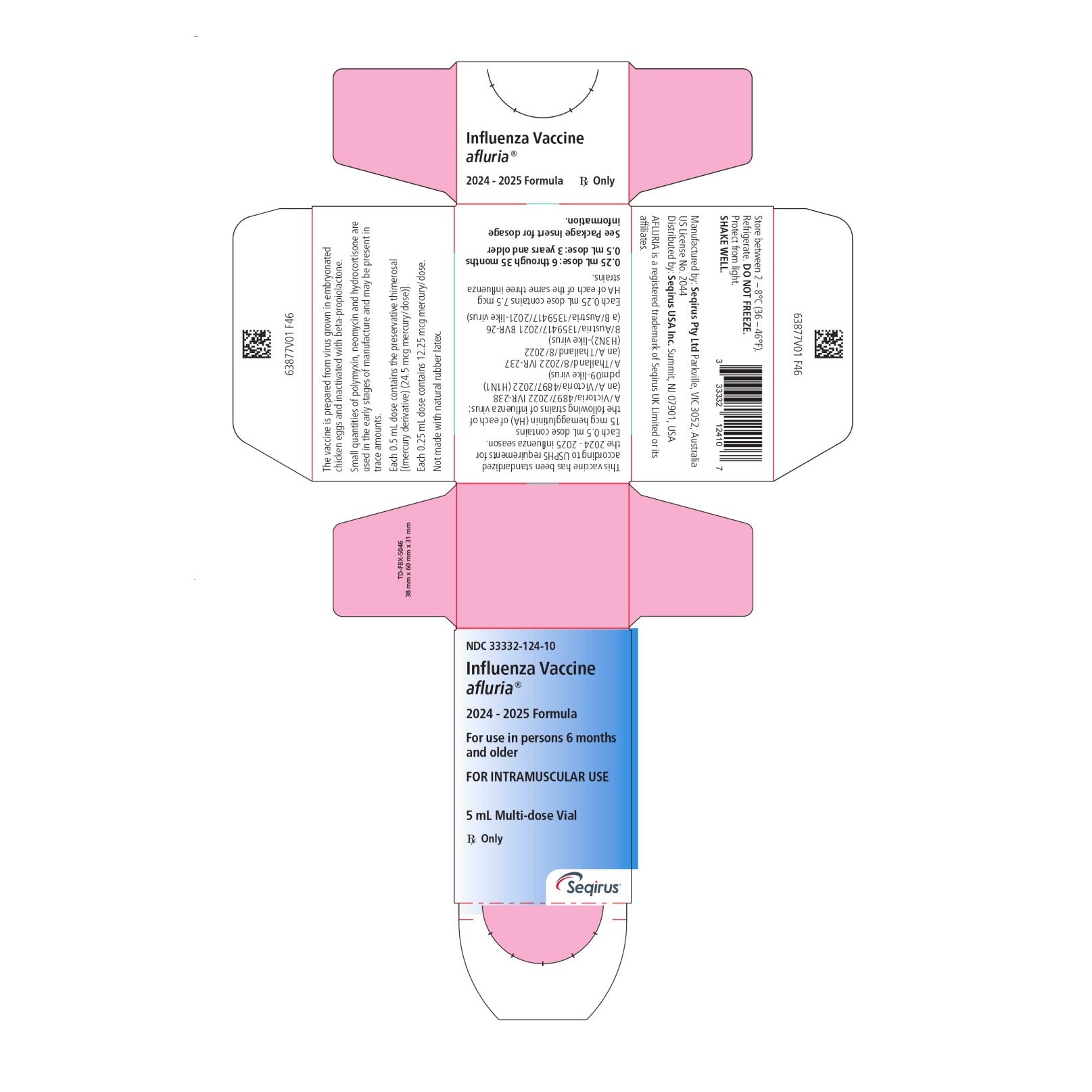 Influenza Vaccine Afluria® Trivalent 2024 - 2025 Flu Vaccine 60 mcg / 0.5 mL Indicated for People 6 Months of Age and Above Multiple Dose Vial 5 mL by Seqirus USA, Inc.  ID 33332-0124-10